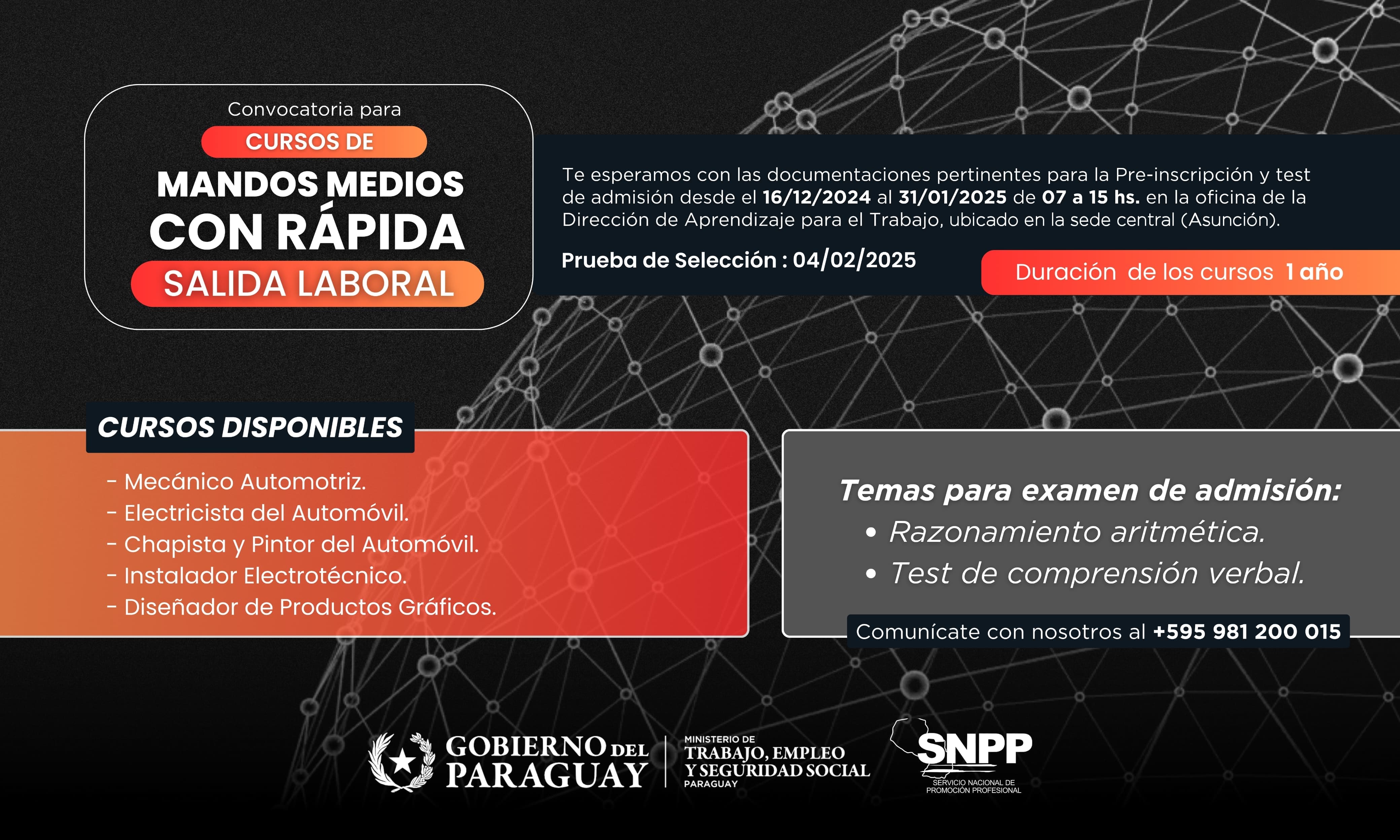 Convocatoria para cursos de aprendizaje para el trabajo del SNPP